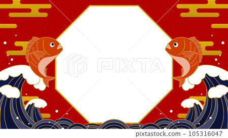 Japanese style Rising waves and bouncing sea bream frame/background material (horizontal orientation 16:9) 105316047