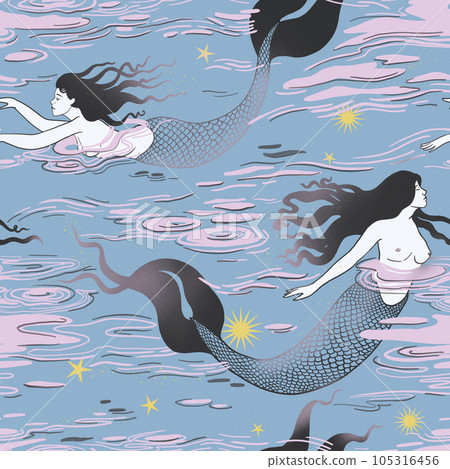 Beautiful seamless pattern with gentle mermaids in the sea. Stock illustration. Fantasy creature. Beautiful seamless pattern with gentle mermaids in the sea. Stock illustration. Fantasy creature. 105316456