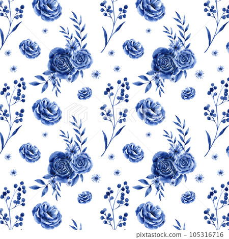 Indigo floral watercolor pattern seamless png Indigo floral watercolor pattern seamless png 105316716