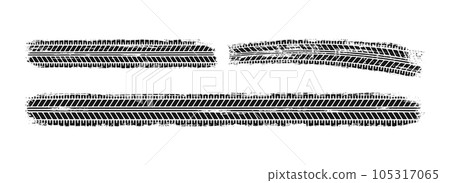 Auto tire tread grunge set. Car and motorcycle tire pattern, wheel tyre tread track. Black tyre print. Vector illustration isolated on white background 105317065