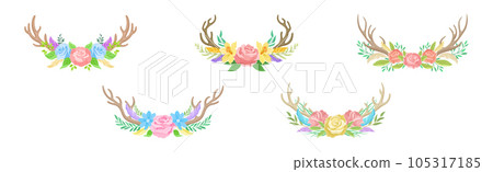 Beautiful Deer Antlers or Horns with Blooming Flowers Bouquet Vector Set 105317185