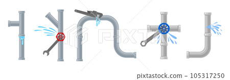 Leaking Water Pipe and Damaged Dripping Fitting Vector Set 105317250