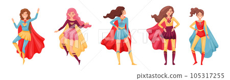 Superhero Woman Characters Wearing Cape or Cloak Vector Set 105317255