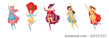 Superhero Woman Characters Wearing Cape or Cloak Vector Set 105317257