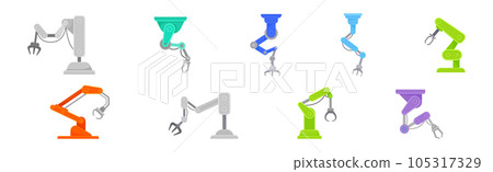 Robotic Mechanical Programmable Arm with Joints for Industrial Assembly Operation Vector Set Robotic Mechanical Programmable Arm with Joints for Industrial Assembly Operation Vector Set 105317329