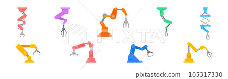 Robotic Mechanical Programmable Arm with Joints for Industrial Assembly Operation Vector Set Robotic Mechanical Programmable Arm with Joints for Industrial Assembly Operation Vector Set 105317330