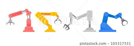 Robotic Mechanical Programmable Arm with Joints for Industrial Assembly Operation Vector Set Robotic Mechanical Programmable Arm with Joints for Industrial Assembly Operation Vector Set 105317331