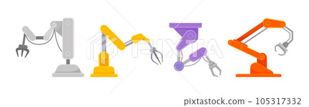 Robotic Mechanical Programmable Arm with Joints for Industrial Assembly Operation Vector Set Robotic Mechanical Programmable Arm with Joints for Industrial Assembly Operation Vector Set 105317332