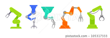 Robotic Mechanical Programmable Arm with Joints for Industrial Assembly Operation Vector Set Robotic Mechanical Programmable Arm with Joints for Industrial Assembly Operation Vector Set 105317333