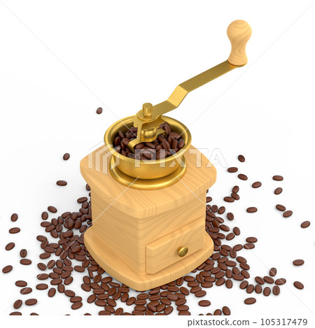 Manual wooden coffee grinder with coffee beans on white background. 105317479