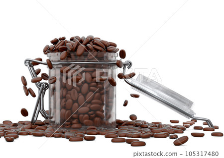 Glass jar with coffee beans isolated on white background. 105317480