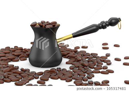 Turkish coffee cooked in sand or maker cezve with coffee bean on white 105317481