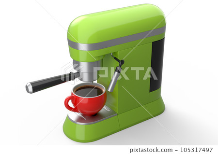 Espresso coffee machine with a horn and ceramic coffee cup on white background. Espresso coffee machine with a horn and ceramic coffee cup on white background. 105317497