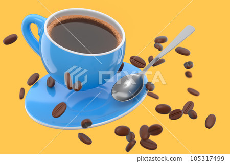 Ceramic coffee cup with coffee beans for americano, espresso, latte on yellow 105317499