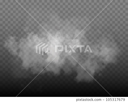 White smoke cloud isolated on transparent background. Vector smoke or fog 105317679