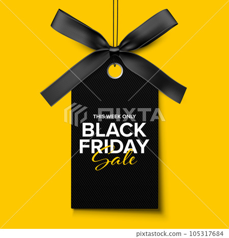 Black Friday sale tag, Price label with black ribbon isolated on yellow background. Vector 105317684