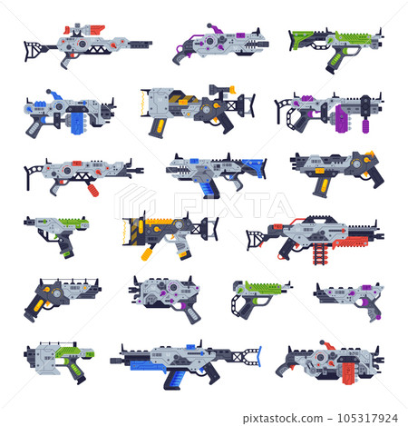Fantastic Weapon and Raygun as Destructive Energy Gun Vector Set Fantastic Weapon and Raygun as Destructive Energy Gun Vector Set 105317924