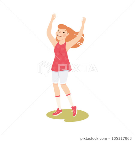 Happy Woman Character Cheering Raising Hands Up Vector Illustration 105317963