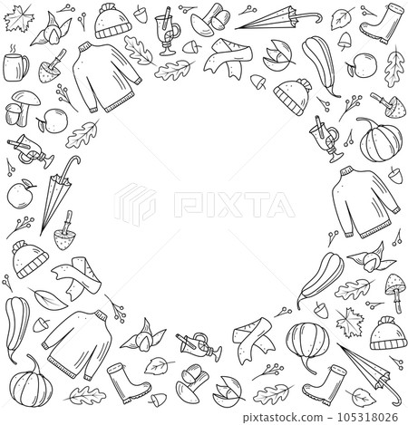Autumn set of elements. Vector illustration fall icon doodle style. Items of warm clothing, tree leaves, umbrella, hot tea. Autumn set of elements. Vector illustration fall icon doodle style. Items of warm clothing, tree leaves, umbrella, hot tea. 105318026
