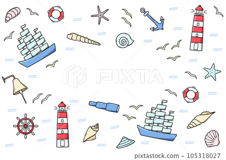 Sea set of elements, icons of sea life. Ship telescope shells, lifebuoy anchor steering wheel bull, lighthouse and seagulls. Vector illustration, symbols of sailors or pirates. 105318027