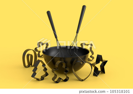 Metal bowl and cookie cutters with kitchen utensil on monochrome background Metal bowl and cookie cutters with kitchen utensil on monochrome background 105318101