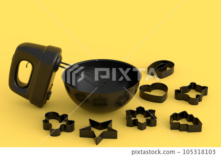 Metal bowl with electric mixer and cookie cutters on monochrome background 105318103
