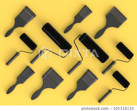Set of metal cans or buckets with paint rollers and brushes on monochrome. Set of metal cans or buckets with paint rollers and brushes on monochrome. 105318110