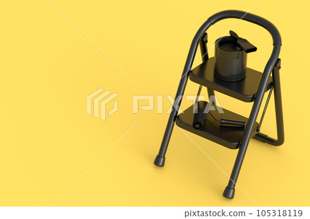 Set of metal cans or buckets with paint roller, brush and folding ladder 105318119