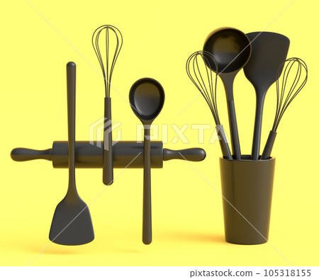 Wooden kitchen utensils, tools and equipment on monochrome background. Wooden kitchen utensils, tools and equipment on monochrome background. 105318155