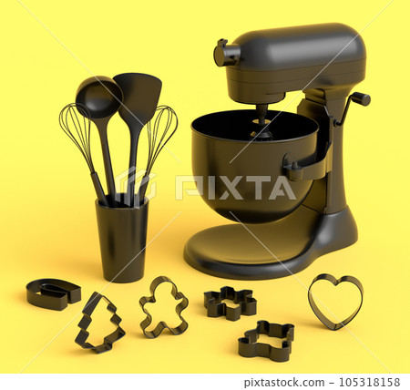 Mixer and cookie cutters with kitchen utensil for making cookies on monochrome 105318158