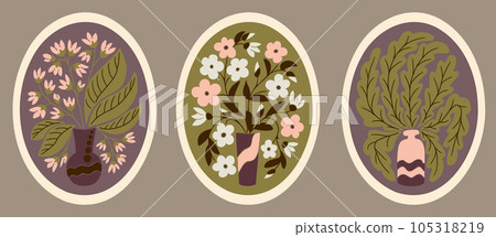 Groovy retro abstract floral posters in oval form. Set of flat vector vintage illustrations. Perfect for posters, interior decoration, t shirt print, social media graphics, wall art, printout 105318219