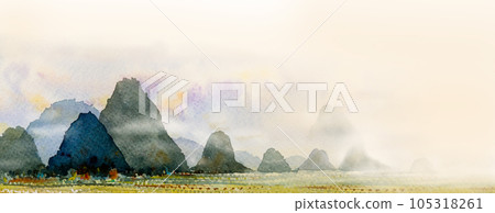 Landscape painting foggy mountain hill, farm forest with sky. 105318261