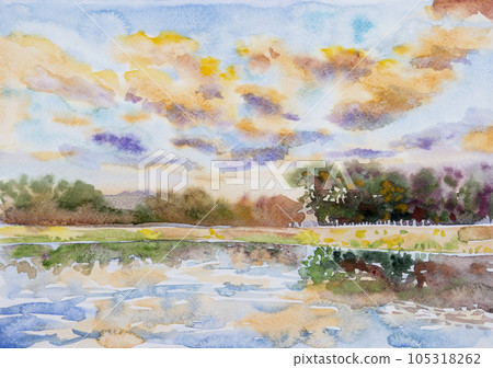 Watercolor landscape paintings colorful of river, dam mountain tree 105318262