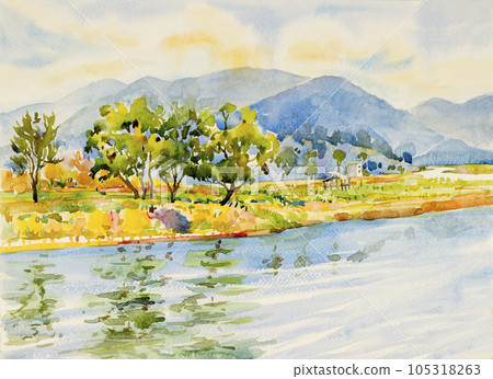 Watercolor landscape paintings colorful of river, mountain tree Watercolor landscape paintings colorful of river, mountain tree 105318263