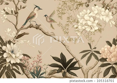 Beautiful pattern of tree with flowers and birds in chinese style. Beige, pastel colors. 105318701