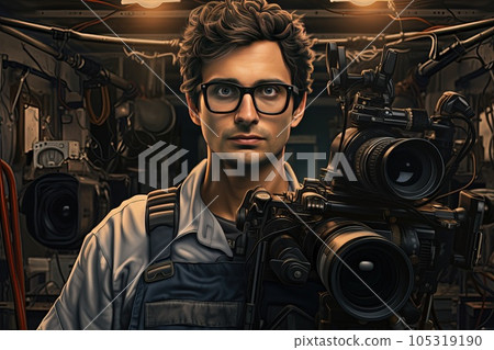 Young cameraman in eyeglasses with cinema camera. 105319190