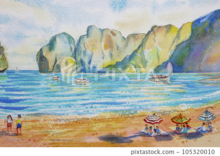 Travel Maya Bay in Thailand - Watercolor painting seascape colorful of tourism ocean beach. Travel Maya Bay in Thailand - Watercolor painting seascape colorful of tourism ocean beach. 105320010