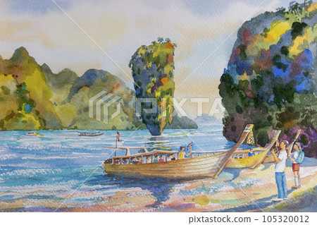 Watercolor painting seascape on paper of Phang Nga Bay for the traveling sea. 105320012