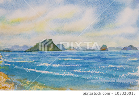Colorful of sea tourism ocean beach wave, mountain scenery cloud sky background. 105320013