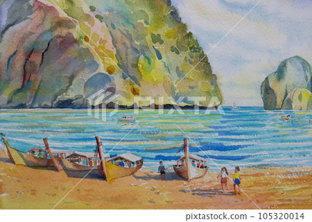 Travel Maya Bay landmarks in Thailand - Watercolor painting seascape. 105320014