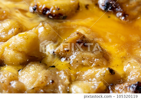 Yakitori (Bonjiri) cooking scene with eggs. Leftover yakitori remake image. 105320119