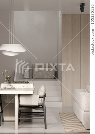 Beige livingroom interior with taupe armchair, ceiling lamp and kitchen island. Mock up canvas poster wall. Panoramic background with stairs and armchair. 3d rendering. High quality 3d illustration 105320156