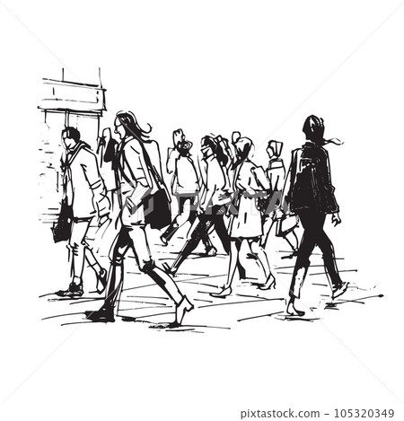 vector illustration: crowd of people walking along city street. Sketch made with marker and watercolor vector illustration: crowd of people walking along city street. Sketch made with marker and watercolor 105320349