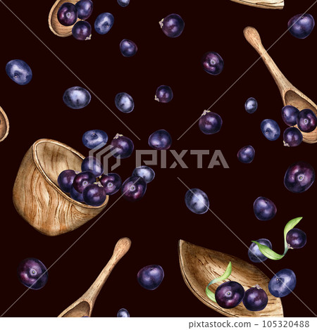 Acai berries in wooden kitchen utensils watercolor seamless pattern isolated on dark. Purple berries in a wooden plate, spoon hand drawn. Design element for packaging, paper, textile, background 105320488