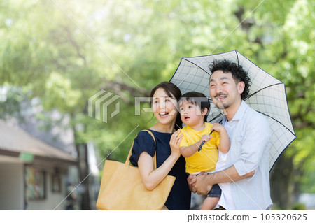 An image of going out on a summer family trip with a parasol and copy space available An image of going out on a summer family trip with a parasol and copy space available 105320625