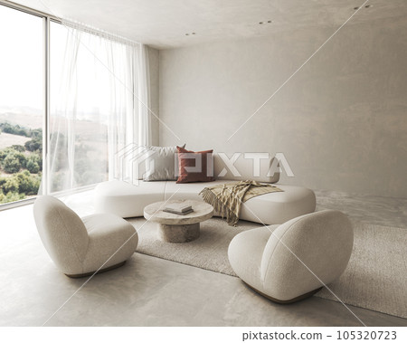 Conceptual interior living room with stucco wall. Creative composition sofa with chair and stone table in pastel color. Mockup empty background. 3d rendering. High quality 3d illustration Conceptual interior living room with stucco wall. Creative composition sofa with chair and stone table in pastel color. Mockup empty background. 3d rendering. High quality 3d illustration 105320723