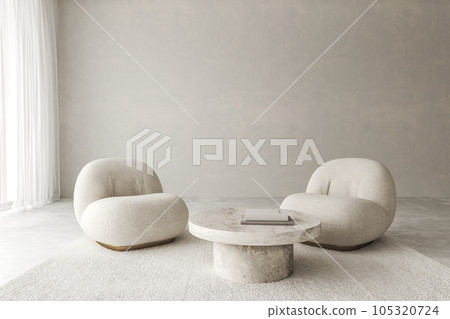 Conceptual interior living room with stucco wall. Creative composition chairs and stone table in pastel color. Mockup empty background. 3d rendering. High quality 3d illustration Conceptual interior living room with stucco wall. Creative composition chairs and stone table in pastel color. Mockup empty background. 3d rendering. High quality 3d illustration 105320724