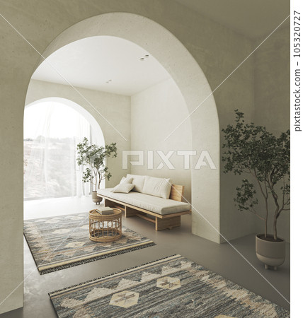 Conceptual interior livingroom with stucco beige arch wall. Creative composition wooden bench with wicker table in pastel color. Mockup empty background. 3d rendering. High quality 3d illustration Conceptual interior livingroom with stucco beige arch wall. Creative composition wooden bench with wicker table in pastel color. Mockup empty background. 3d rendering. High quality 3d illustration 105320727