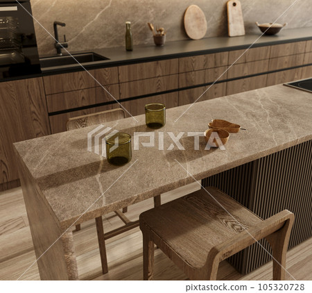 Japandi modern light scandinavian style apartment interior design. Brown color kitchen with wooden cabinet, marble counter top island close up. 3d rendering illustration Japandi modern light scandinavian style apartment interior design. Brown color kitchen with wooden cabinet, marble counter top island close up. 3d rendering illustration 105320728