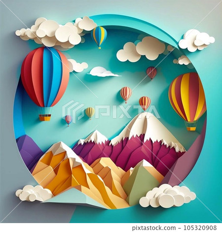 Beautiful landscape with clouds on blue sky, mountains, sun, air balloon and rainbow. Paper cut style. Beautiful landscape with clouds on blue sky, mountains, sun, air balloon and rainbow. Paper cut style. 105320908